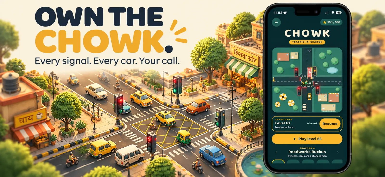 Chowk: an isometric Indian junction with taxis, autos and a tea stall, beside the game on a phone