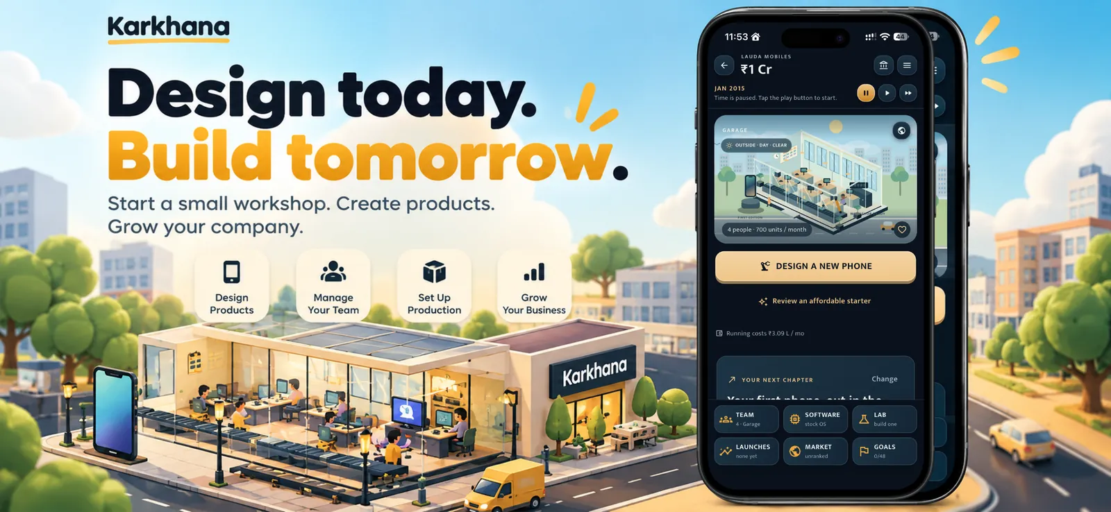 Karkhana: an isometric phone workshop beside the company screen on a phone