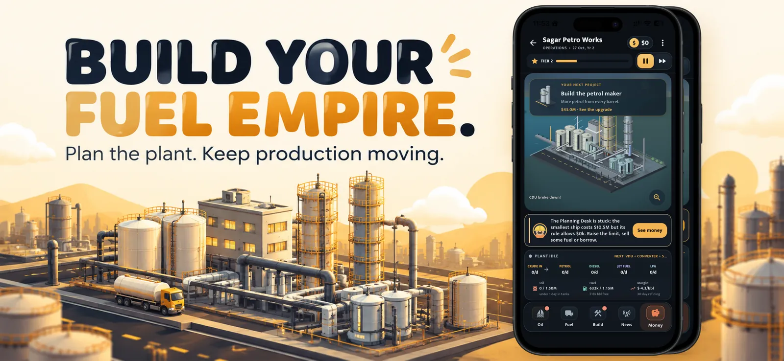Refindery: an isometric oil refinery with tanks and a tanker truck, beside the operations screen on a phone